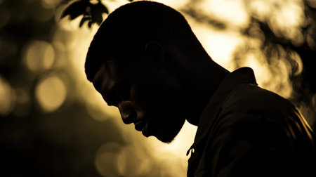 A striking silhouette of a man lost in contemplation, set against a backdrop of soft golden light. This atmospheric image captures a moment of reflection and tranquility in nature.の素材