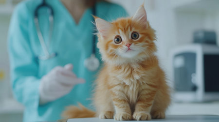 A delightful ginger kitten sits patiently at a veterinary clinic, showcasing its playful spirit. The veterinarian is in the background, ensuring care and comfort.の素材