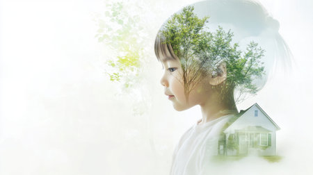 Artistic double exposure of a child, tree, and home in soft tones, symbolizing growth and environmental connectionの素材
