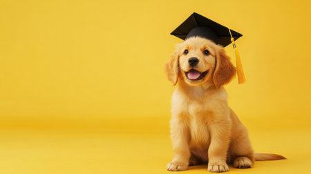 This adorable golden retriever puppy wearing a graduation cap exudes joy and innocence against a bright yellow background, perfect for cheerful themes.の素材