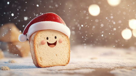 A playful slice of bread joyfully adorned with a Christmas hat, set against a snowy backdrop. This delightful image captures the essence of festive cheer and warmth.の素材
