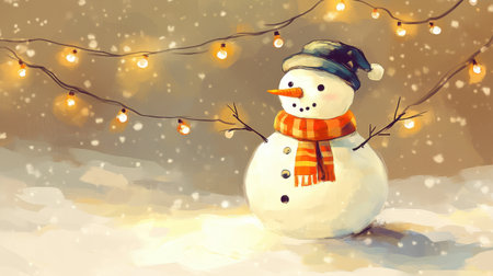 This delightful illustration features a cheerful snowman standing in a winter landscape, adorned with twinkling lights and a colorful scarf. Perfect for holiday themes!の素材