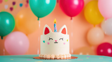 A charming cat-themed birthday cake featuring adorable decorations and a colorful backdrop of balloons, perfect for celebrating joyful occasions.の素材