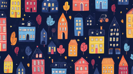 A vibrant pattern featuring colorful hand-drawn houses and trees on a dark background, perfect for creative projects, textiles, or decorative art.の素材