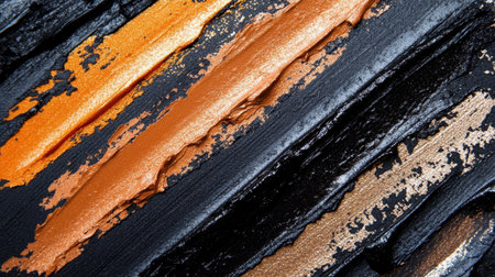 Close-up view of artistic brush strokes in black, gold, and orange. This vibrant texture captures the beauty of layered paint, perfect for creative projects.の素材