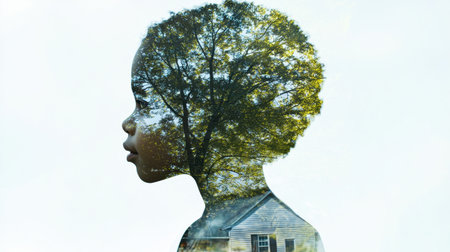 Double exposure art featuring a child profile with a tree and house, reflecting innocence and growthの素材