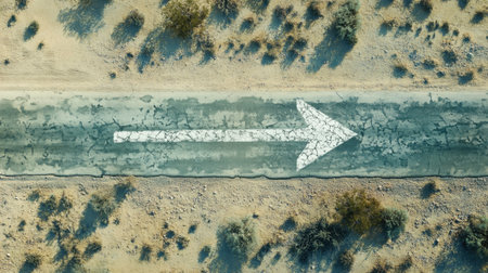 This aerial image captures a cracked road marked with a clear directional arrow in a barren desert landscape, showcasing the arid environment and natural patterns.の素材