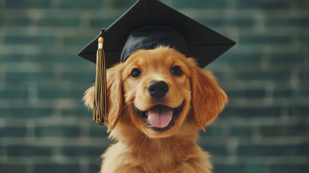 A joyful golden retriever puppy wearing a graduation cap, radiating happiness. This cute image captures the spirit of celebration, achievement, and companionship.の素材