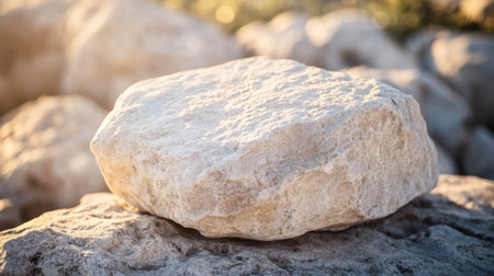 A smooth rock rests elegantly on a rugged surface, illuminated by soft sunlight. This tranquil outdoor scene captures the beauty of nature's elements.の素材