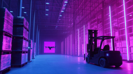 A sleek warehouse scene featuring a drone and forklift illuminated by vibrant neon lights, showcasing advanced technology and automation in a modern logistics environment.の素材