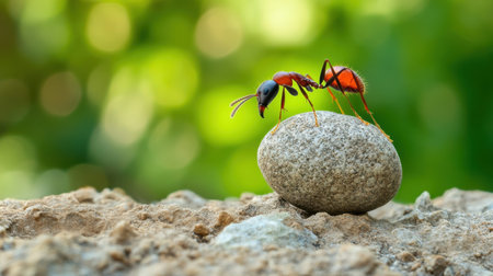 Close-up of an ant on a dirt mound, its efforts to push a stone symbolizing hard work and perseverance in natureの素材