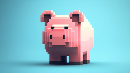This charming pixelated piggy bank serves as a playful representation of savings and finance, perfect for digital projects or financial themes.の素材