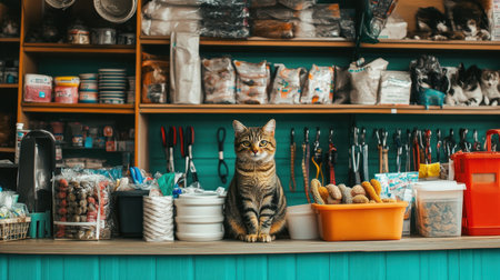 A charming cat rests on the counter of a vibrant pet supply store filled with various products. The colorful arrangement of supplies creates a welcoming atmosphere for pet lovers.の素材