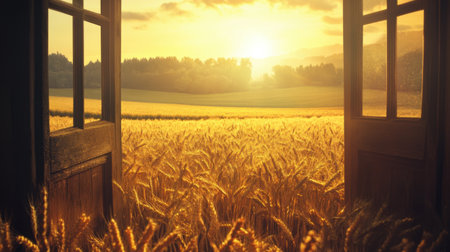 A breathtaking view of a golden wheat field illuminated by the warm hues of sunrise. The open window frame invites the beauty of nature indoors, creating a serene atmosphere.の素材