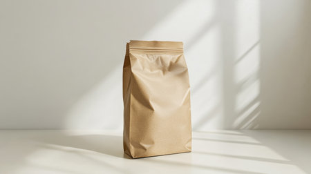 A simple kraft paper bag positioned on a light surface, showcasing its natural texture. This versatile packaging is perfect for various products, emphasizing a minimalist aesthetic.の素材