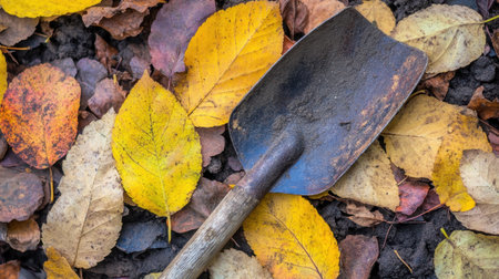 A rustic garden shovel with a wooden handle rests atop a colorful bed of autumn leaves. The warm hues of yellow, orange, and brown create a serene fall atmosphere.の素材