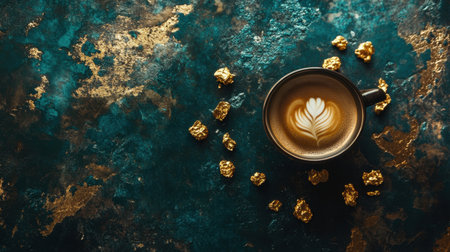 Dark tones frame a coffee cup and golden nuggets, the textures and colors creating a rich, luxurious visualの素材