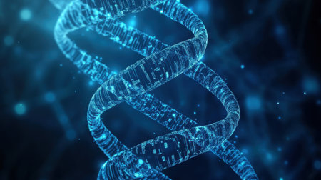 This vibrant blue neon DNA helix illustrates molecular structure, highlighting the intersection of science and technology with a glowing digital effect.の素材