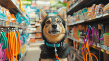 A cheerful dog stands in a vibrant pet store aisle filled with supplies and treats, showcasing the joy of shopping for a beloved companion.の素材