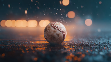A close-up view of a dirty baseball resting on a wet surface, illuminated by soft bokeh lights in the background. The image captures the mood of a rainy game night, showcasing the beauty of the sport.の素材