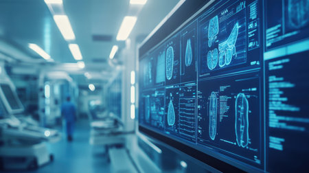 A high-tech digital display showcasing detailed medical imaging in a modern hospital setting. This advanced technology enhances diagnostics and patient care efficiency.の素材