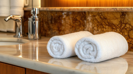 Elegant spa setting featuring soft white towels neatly rolled on a marble countertop. Ideal for conveying a sense of luxury, cleanliness, and relaxation.の素材