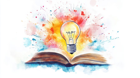 An inspiring illustration of an open book with a light bulb overhead, symbolizing creativity and knowledge, surrounded by vibrant color splashes. Perfect for education themes.の素材
