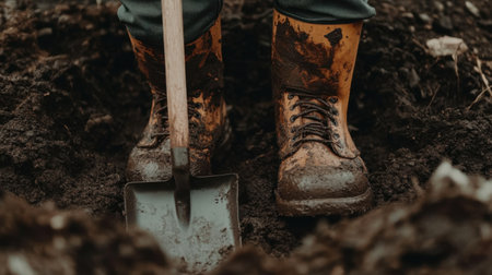 A close-up view of muddy work boots standing in freshly dug earth, paired with a shovel. Ideal image for gardening, agriculture, and outdoor labor themes.の素材