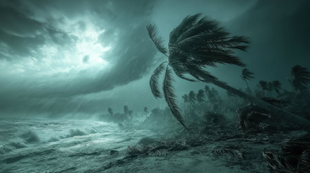 Dramatic gale winds bend palm trees under stormy skies, showcasing the raw intensity and power of tropical stormsの素材