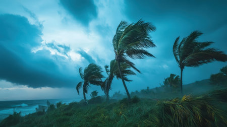 Dramatic gale winds bend palm trees under stormy skies, showcasing the raw intensity and power of tropical stormsの素材