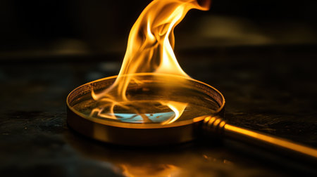 A striking visual of a magnifying glass with flames dancing within, showcasing the interplay of light and heat. This image captures the essence of curiosity and exploration.の素材