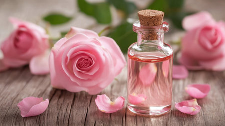 A beautiful arrangement featuring pink roses and a glass bottle of fragrant essential oil, set on a rustic wooden surface, exuding charm and tranquility.の素材