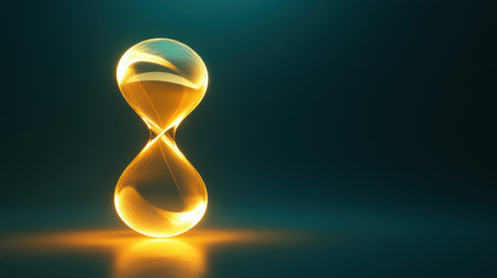A stunning golden hourglass features fluid light trails swirling gracefully, creating an abstract representation of time and eternity with a peaceful and elegant design.の素材