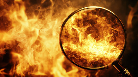 Fiery scene with a magnifying glass intensifying the flame, emphasizing heat, energy, and explorationの素材