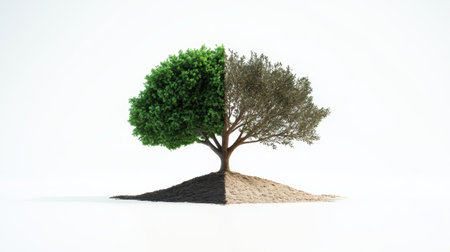 A split tree represents the contrast between life and death, showcasing the cyclical nature of growth and decay within a minimalist design.の素材