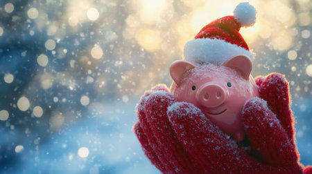 A charming pink piggy bank wearing a Santa hat rests in warm red gloves, surrounded by a snowy backdrop and sparkling bokeh, capturing festive bliss.の素材