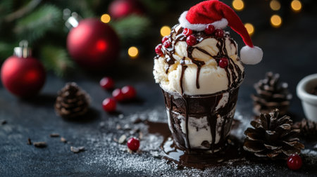 A delightful festive ice cream adorned with a Santa hat, surrounded by holiday decor and seasonal treats, perfect for capturing the joy of winter celebrations.の素材