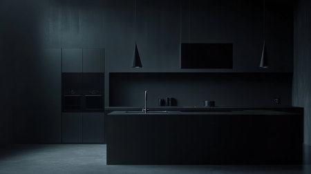 A sleek modern kitchen featuring a minimalist design in dark tones, showcasing elegant lines and textures. This atmospheric space highlights contemporary aesthetics.の素材