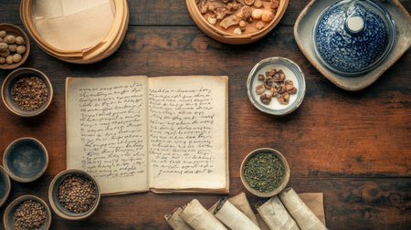Handwritten manuscripts and natural herbs lay beautifully arranged, evoking the wisdom and tranquility of traditional Chinese medicineの素材