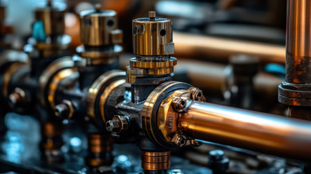 This image features a detailed close-up of industrial brass valves on a pipe system, showcasing the intricate design and engineering used in manufacturing settings.の素材