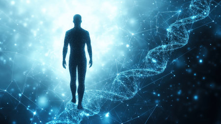 A striking silhouette of a human figure stands within a glowing DNA helix, symbolizing the intersection of biology and technology in a vibrant digital space.の素材