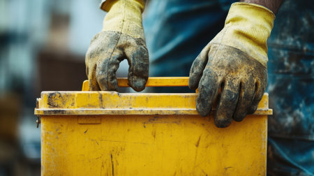 Gloved hands gripping a sturdy yellow toolbox, emphasizing safety and preparedness in a construction setting.の素材