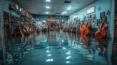 A unique scene in a flooded music store, showcasing various guitars and instruments partially submerged in water. The ambiance reflects artistry and nostalgia, inviting creativity.の素材