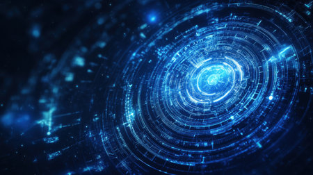 Explore a captivating digital abstract background featuring glowing blue circles and intricate patterns, perfect for technology and innovation themes.の素材