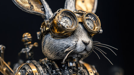 Intricate steampunk robotic rabbit wearing aviator goggles, blending vintage charm with futuristic details.の素材