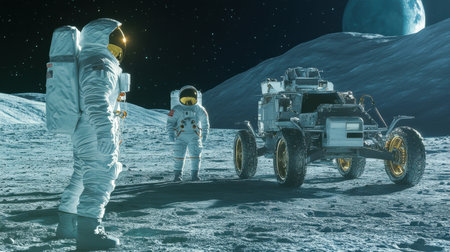 Two astronauts conduct a mission on the lunar surface, accompanied by a rover. The night sky fills with stars, creating a stunning cosmic backdrop.の素材