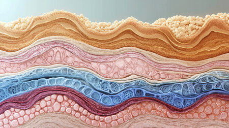 This image showcases the intricate layers of human skin, highlighting various textures and colors. It serves as a valuable educational resource for biology and healthcare studies.の素材