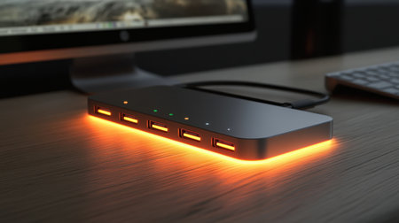 Modern USB-C hub station rendered in 3D, showcasing a streamlined, efficient design with illuminated port indicators.の素材