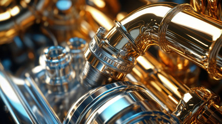 This image showcases an intricate arrangement of polished metallic pipes and fittings, emphasizing their reflective surfaces and fine details within an industrial environment.の素材