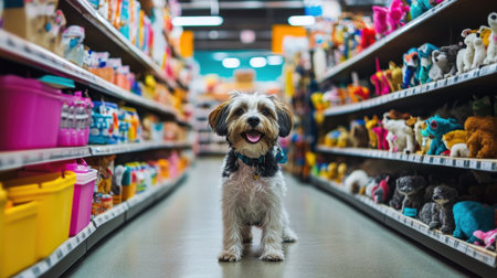 A cheerful dog stands in a vibrant pet store aisle filled with colorful toys and supplies, embodying joy and companionship in a lively retail environment.の素材